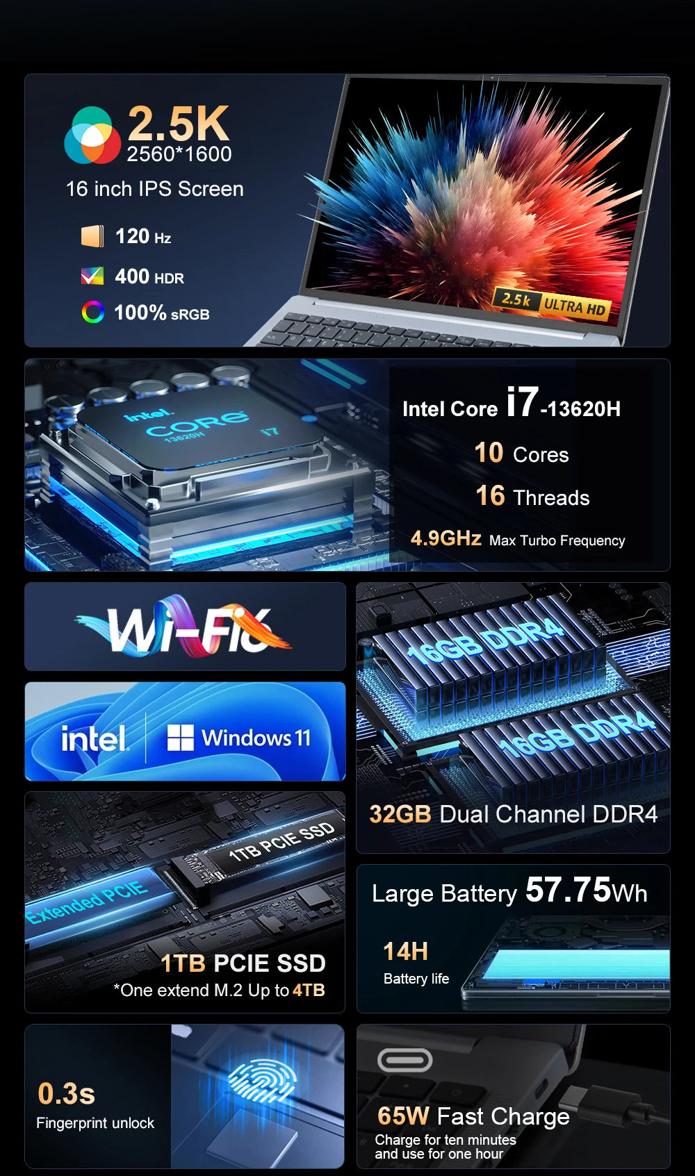 Laptop 16 inch 2.5K 120Hz Intel Core i7-13620H WiFi 6 32GB RAM 1TB SSD Laptop Windows 11 pro Notebook Office Computer