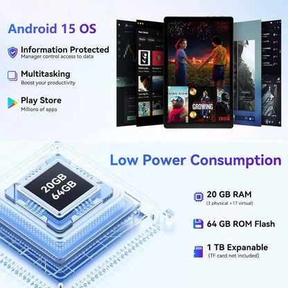 Android 15 Tablet 10 Inch OS GMS Certified Tablets 1.8 GHz 5-Core 20GB RAM 64 GB ROM 1TB Expand WiFi 6 Bluetooth 5.4 Dual Camera