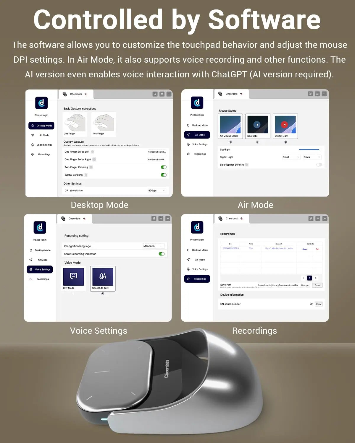Cheerdots 2 Detachable Air Mouse Bluetooth Wireless Touchpad Laser AI Recording ChatGPT Mobile Presenter Remote Control Custom