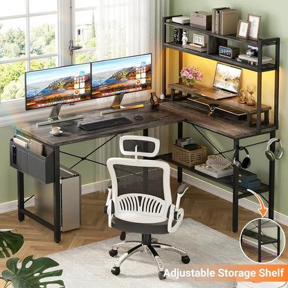 L Shaped Gaming Desk with Power Outlets & LED Lights, Small L- Shaped Desk Computer Corner Desk with Monitor Stand, Customized