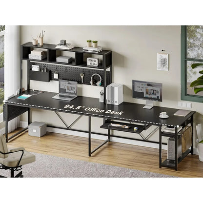 L Shaped Gaming Desk, Reversible Computer Desk with Power Outlet and Pegboard, Gaming Desk with Led Lights, Keyboard Tray and S