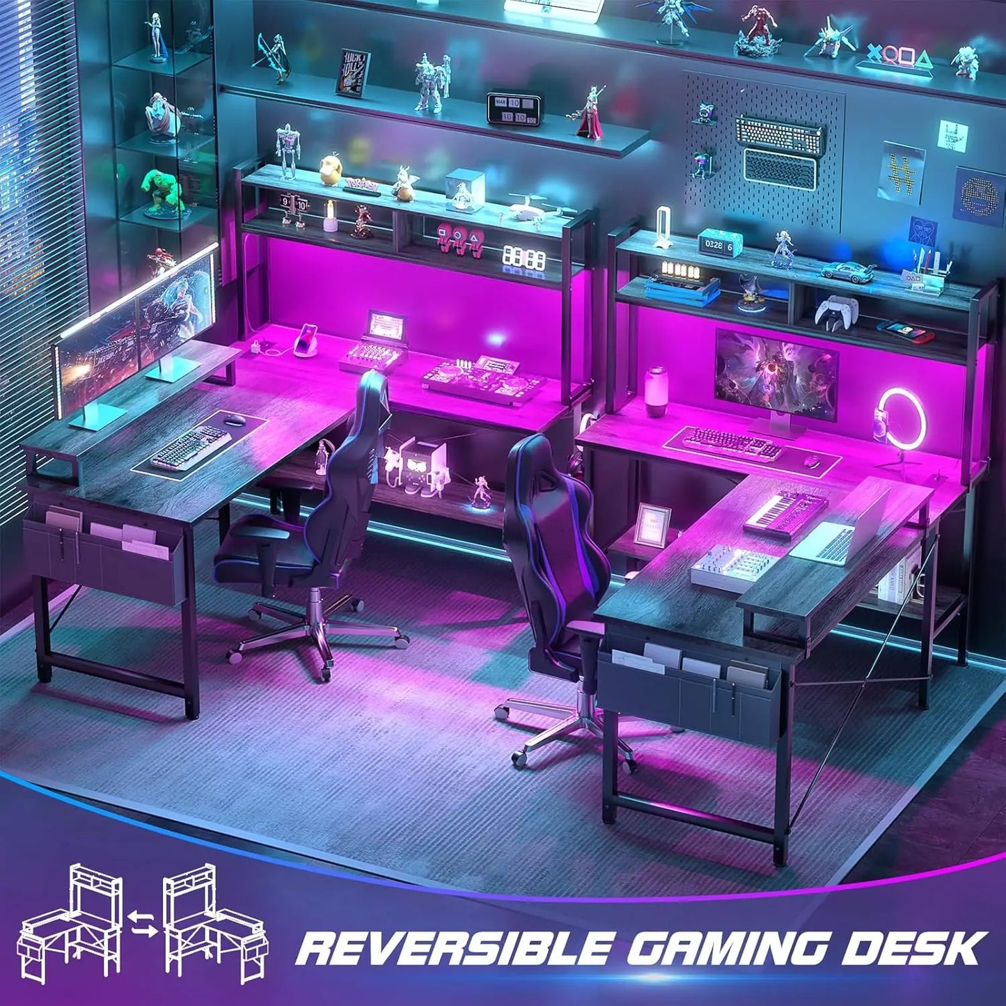 L Shaped Gaming Desk with Power Outlets & LED Lights, Small L- Shaped Desk Computer Corner Desk with Monitor Stand, Customized