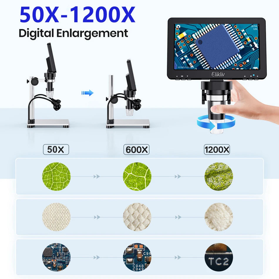 Elikliv EDM9 7 Inch 1080P LCD Digital Microscope 50X-1200X Soldering Electronics Microscopes With LED Lights Support PC Computer