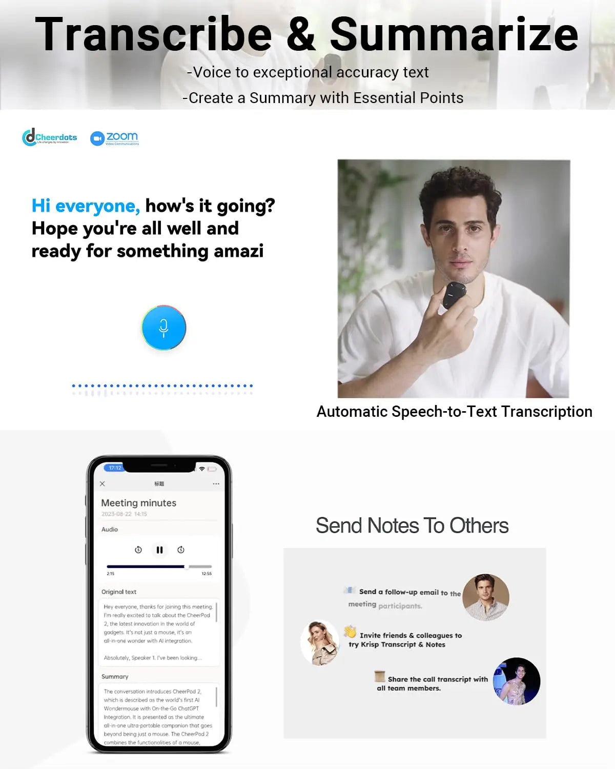 Cheerdots 2 Detachable Air Mouse Bluetooth Wireless Touchpad Laser AI Recording ChatGPT Mobile Presenter Remote Control Custom