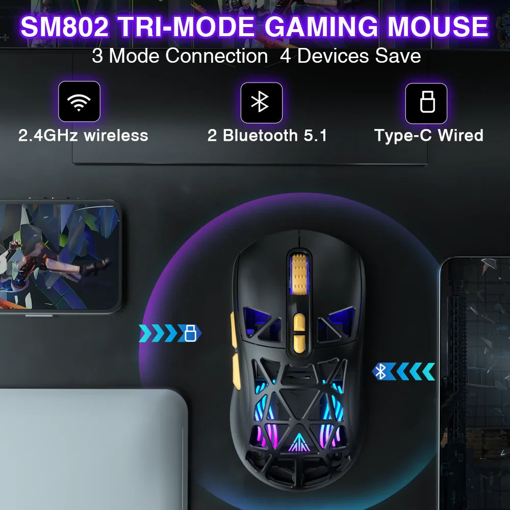 SOLAKAKA SM802 TRI-MODE Wireless Mouse Customized 10000DPI Macro Replaceble Switch RGB Heneycemb Ergonomic Mouse 63g Ultra-light