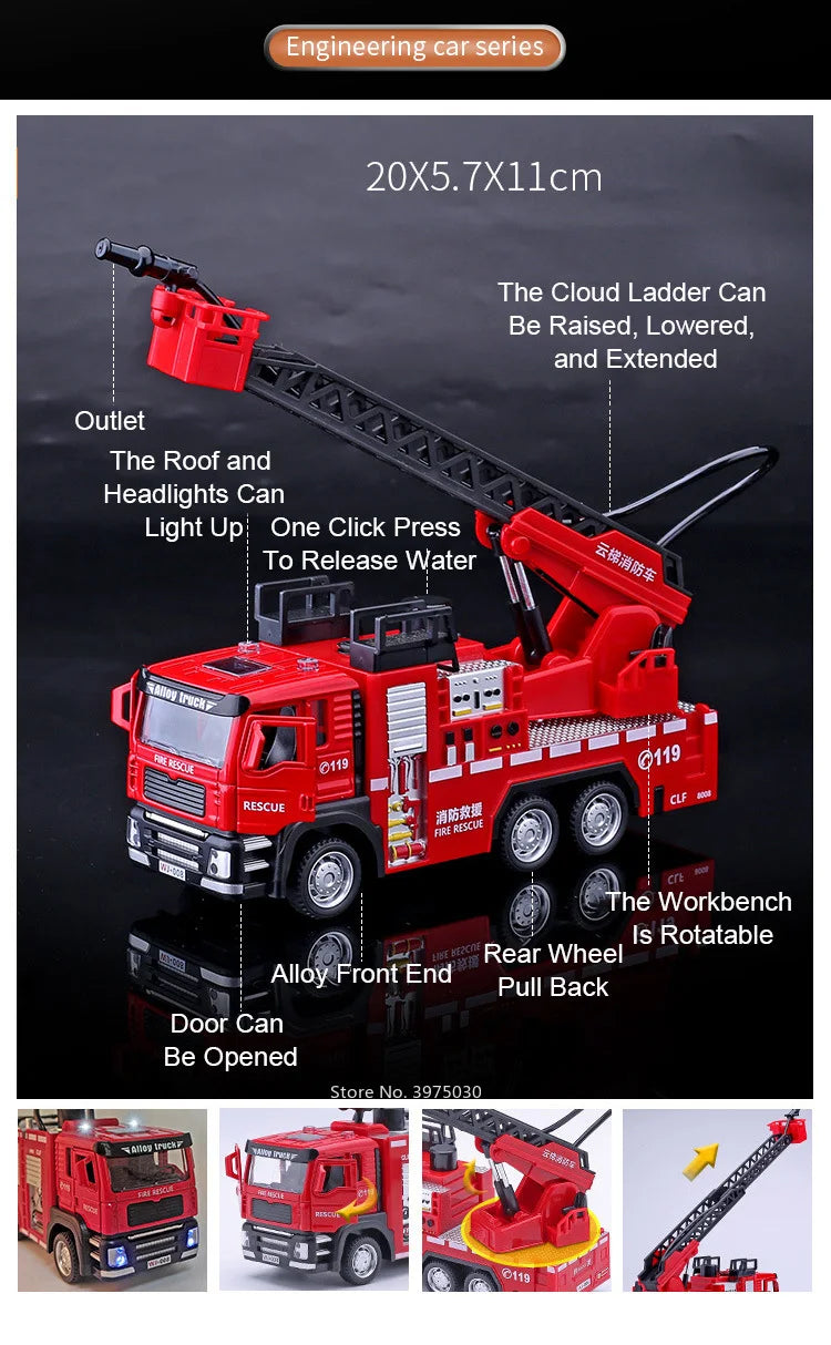 1/32 Fire Engine Car Toy Model with Sound Light Ladder Fire Truck Wheel Pull Back Sprinkler Rescue Vehicle Boys Decoration Gifts
