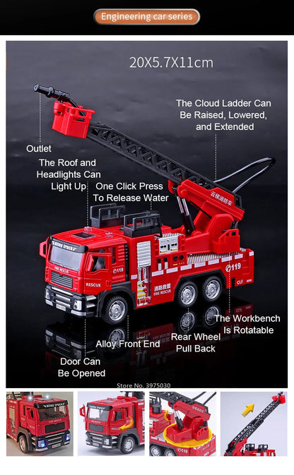 1/32 Fire Engine Car Toy Model with Sound Light Ladder Fire Truck Wheel Pull Back Sprinkler Rescue Vehicle Boys Decoration Gifts