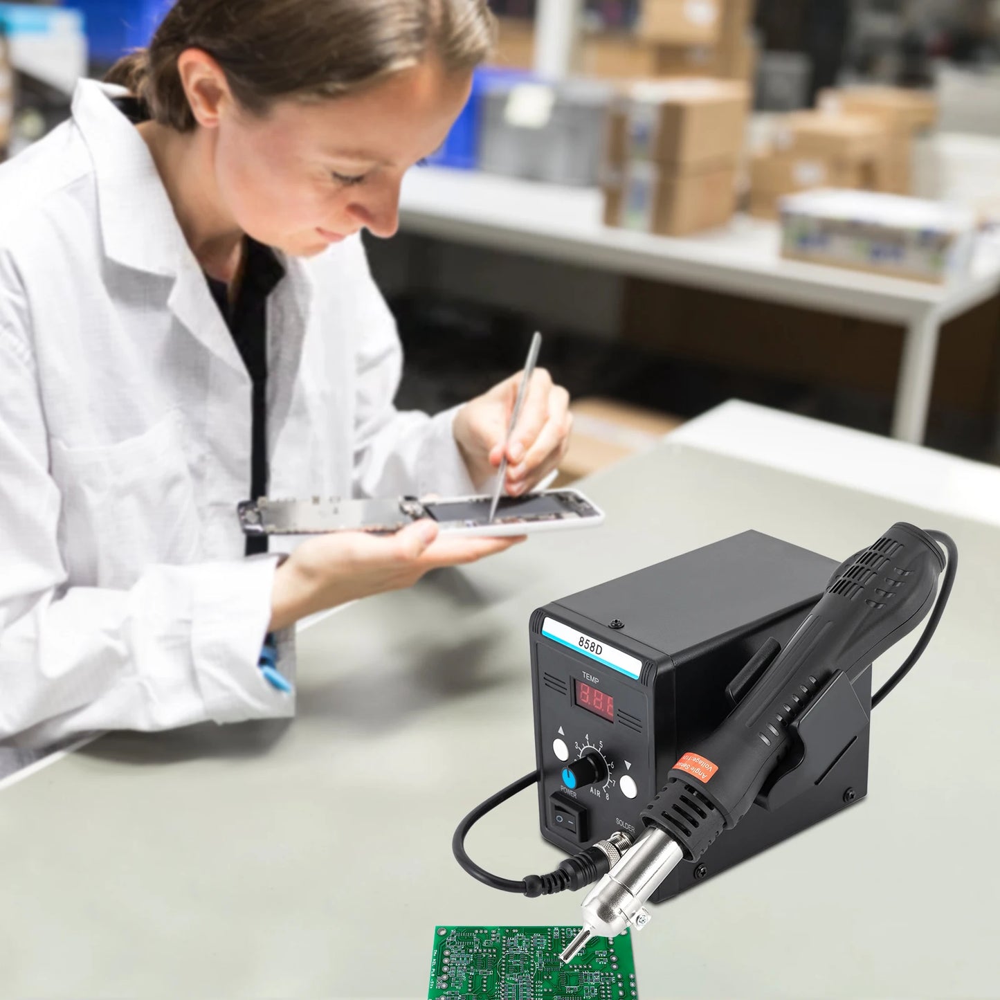 700W Hot Air Rework SMD Soldering Station With Heat Gun Set Temperature LED Screen Display For Electronics Repairs