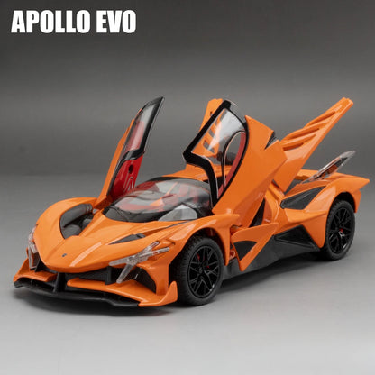 1/24 Scale Apollo EVO Alloy Sports Car Model Metal Diecast Miniature Toy with Pull Back Sound Light Vehicles Boys Birthday Gift
