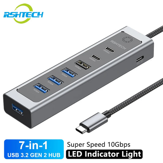 RSHTECH USB C Hub 7-Port USB 3.2 Gen2 Splitter with 5 USB-A & 2 USB-C Data Ports Aluminum USB Extension Data Hubs for PC Laptop