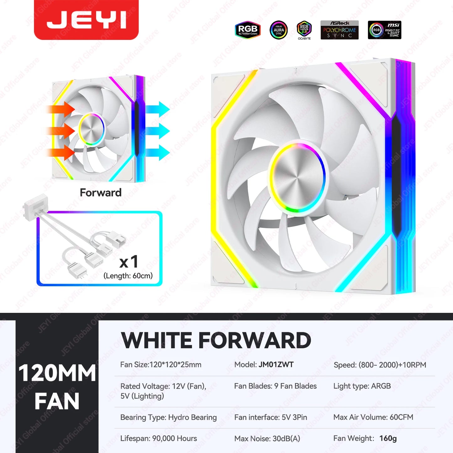 JEYI ARGB Infinity Mirror PC Fans Hydro Bearing Fan 30dB(A) 12CM cooling fan 5V3 pin PWM 800-2000RPM Forward/Reverse Blade Fan