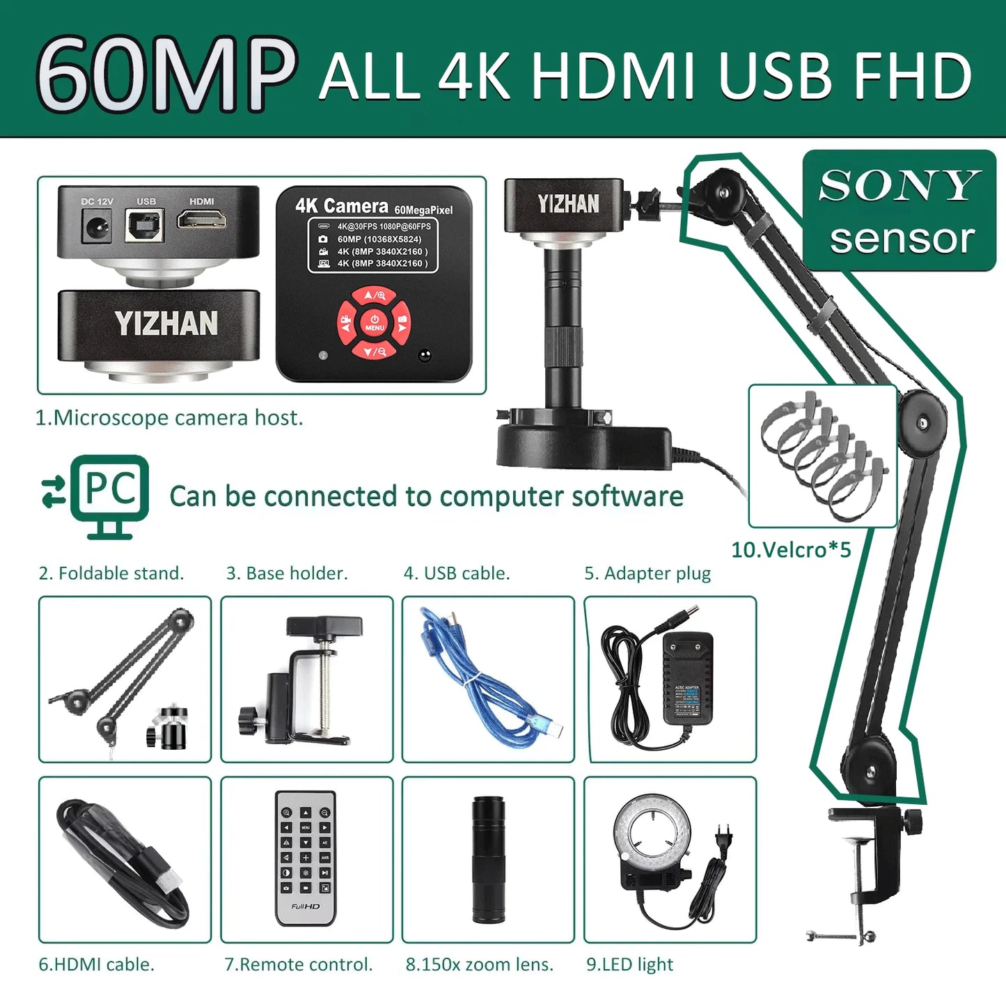 YIZHAN 48MP 4K Electronics Soldering Microscope FULL HD 1080P HDMI Camera USB Software 1-150x Lens Stand Shipping From Europe