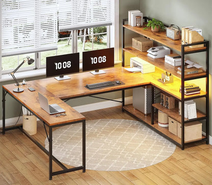 L Shaped Gaming Desk, 63'' Reversible Computer Desk with Power Outlet and Storage Shelves, Corner Gaming Desk with, Customized