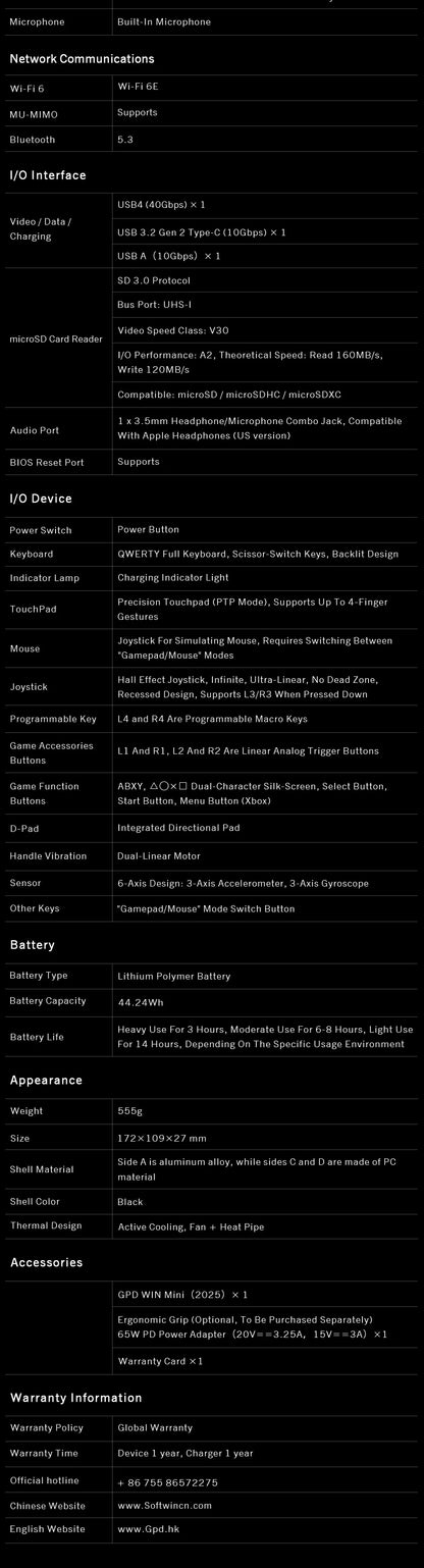 GPD 2025 WIN Mini 16GB 32GB Memory 1TB 2TB SSD Hard Disk AMD Ryzen 8840U HX370 Processor Handheld Gaming Laptop Mini PC Notebook