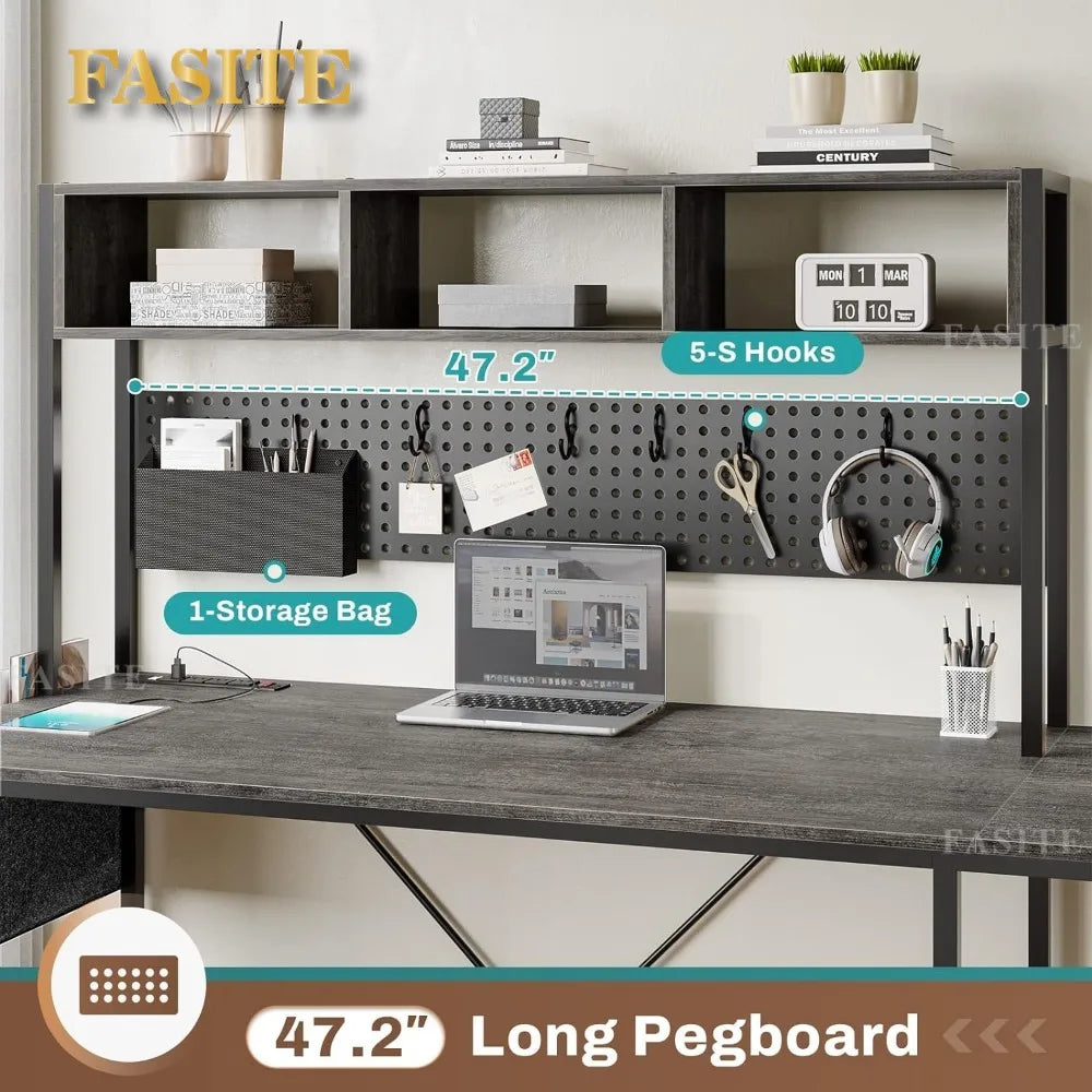 L Shaped Gaming Desk, Reversible Computer Desk with Power Outlet and Pegboard, Gaming Desk with Led Lights, Keyboard Tray