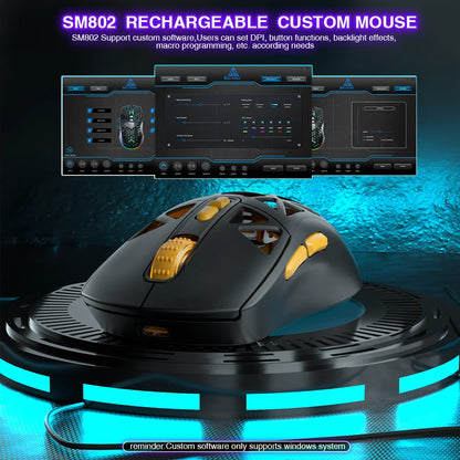 SOLAKAKA SM802 TRI-MODE Wireless Mouse Customized 10000DPI Macro Replaceble Switch RGB Heneycemb Ergonomic Mouse 63g Ultra-light
