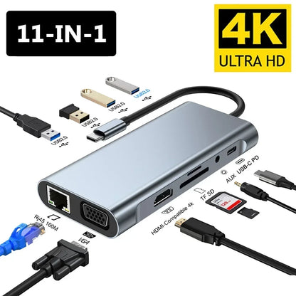 USB Type C Hub 11 in 1 Type-C to 4K HDMI-compatible VGA Adapter RJ45 Lan Ethernet SD TF PD 3.5mm Audio/Mic for MacBook Pro Air