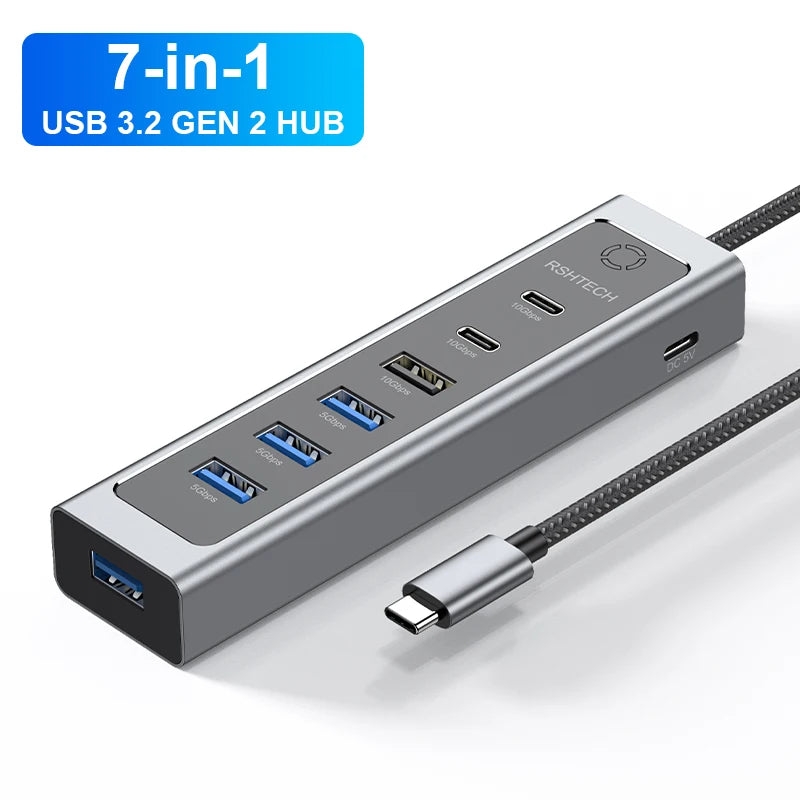 RSHTECH USB C Hub 7-Port USB 3.2 Gen2 Splitter with 5 USB-A & 2 USB-C Data Ports Aluminum USB Extension Data Hubs for PC Laptop