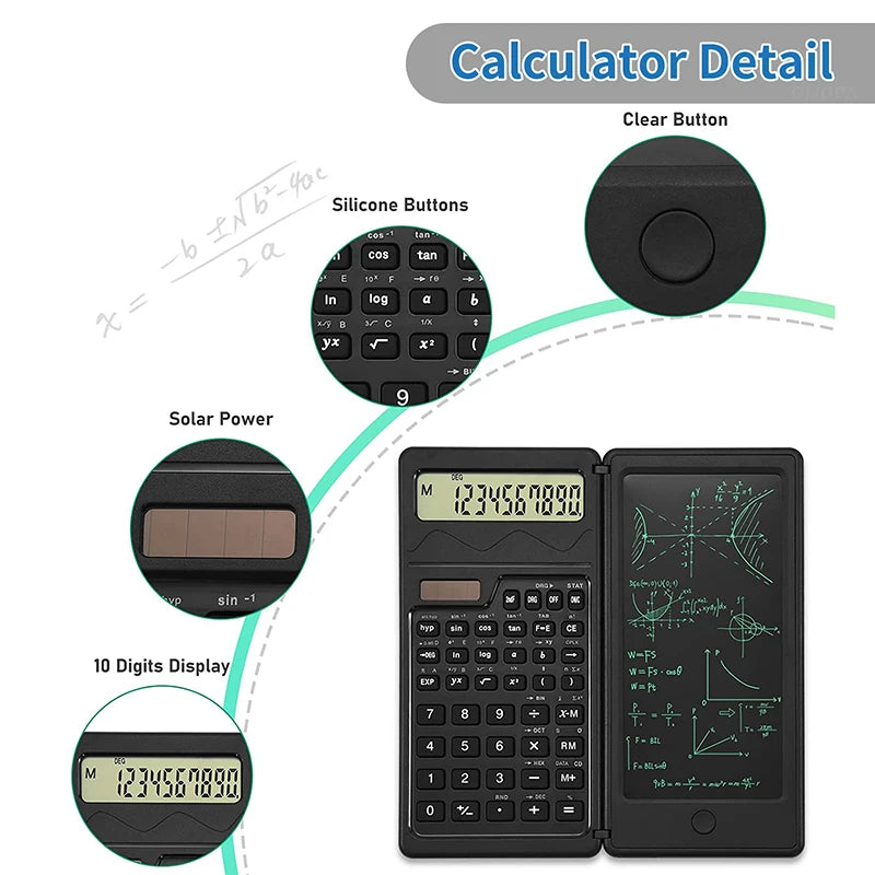 Solar Powered Scientific Calculator & 6 Inch Writing Tablet Foldable 10 Digit LCD Display For Office Student Teachers Accountant