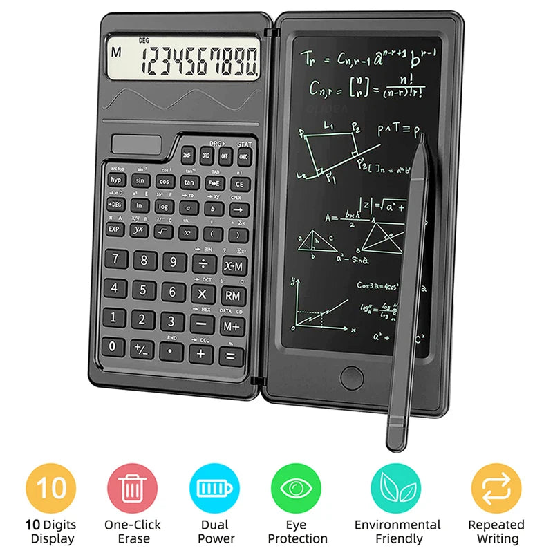 Solar Powered Scientific Calculator & 6 Inch Writing Tablet Foldable 10 Digit LCD Display For Office Student Teachers Accountant