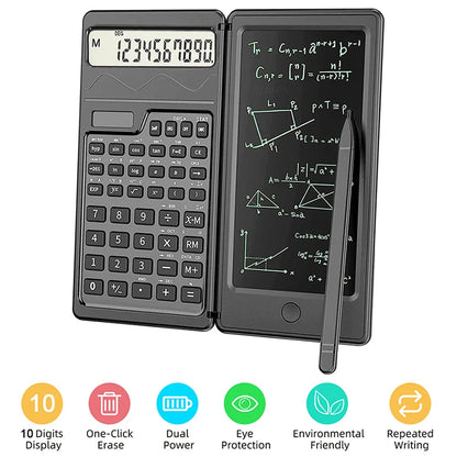 Solar Powered Scientific Calculator & 6 Inch Writing Tablet Foldable 10 Digit LCD Display For Office Student Teachers Accountant