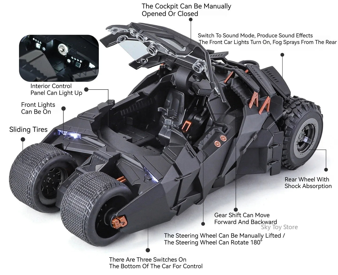 Alloy 1:24 Batmobile Diecast Model Toys Car Collectible Sound Light Doors Opened Rear Wheel Suspension Armored Cars for Kid Gift