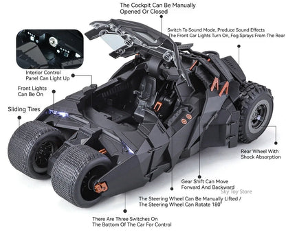 Alloy 1:24 Batmobile Diecast Model Toys Car Collectible Sound Light Doors Opened Rear Wheel Suspension Armored Cars for Kid Gift