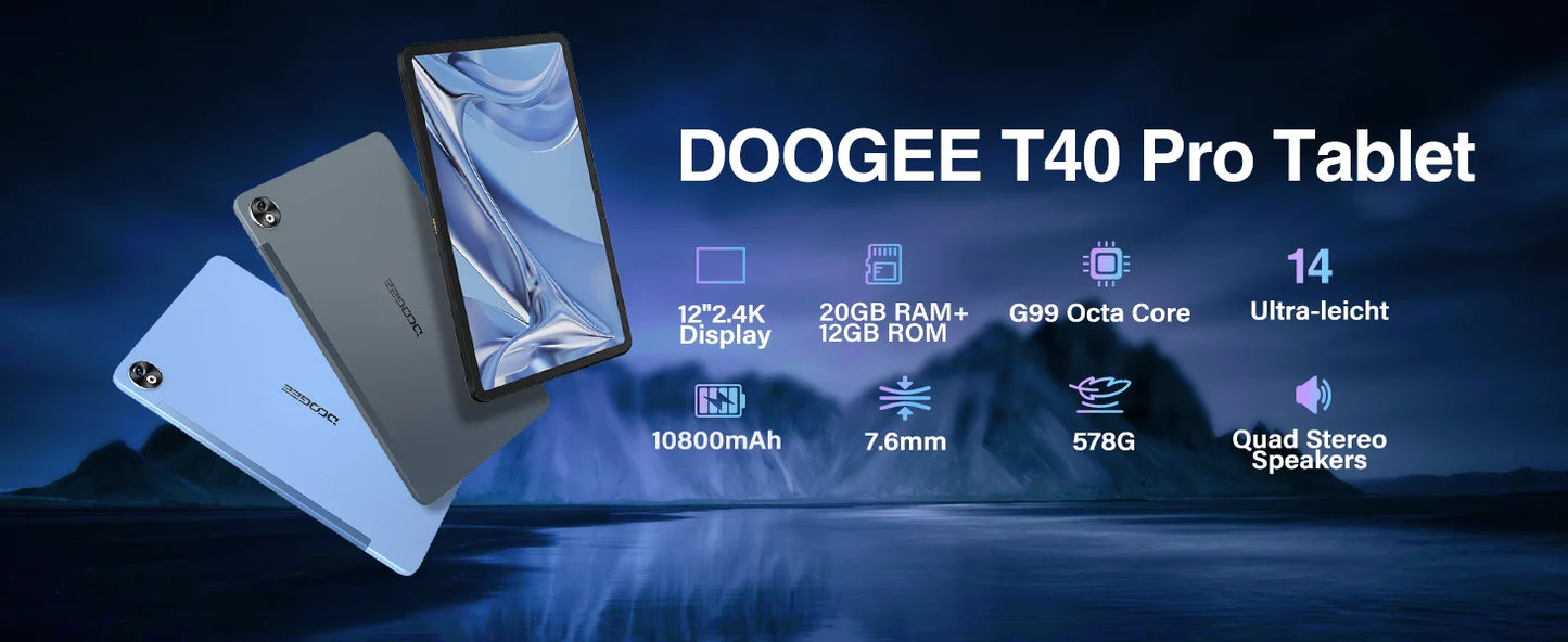 DOOGEE T40 Pro Tablet 12 ''IPS 2.4K 20GB(8 + 12) 512GB Android 14 Helio G99 6nm 10800mAh 18W Charge Quad Speaker 7.6mm ultra-thin
