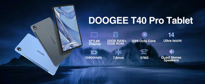 DOOGEE T40 Pro Tablet 12 ''IPS 2.4K 20GB(8 + 12) 512GB Android 14 Helio G99 6nm 10800mAh 18W Charge Quad Speaker 7.6mm ultra-thin