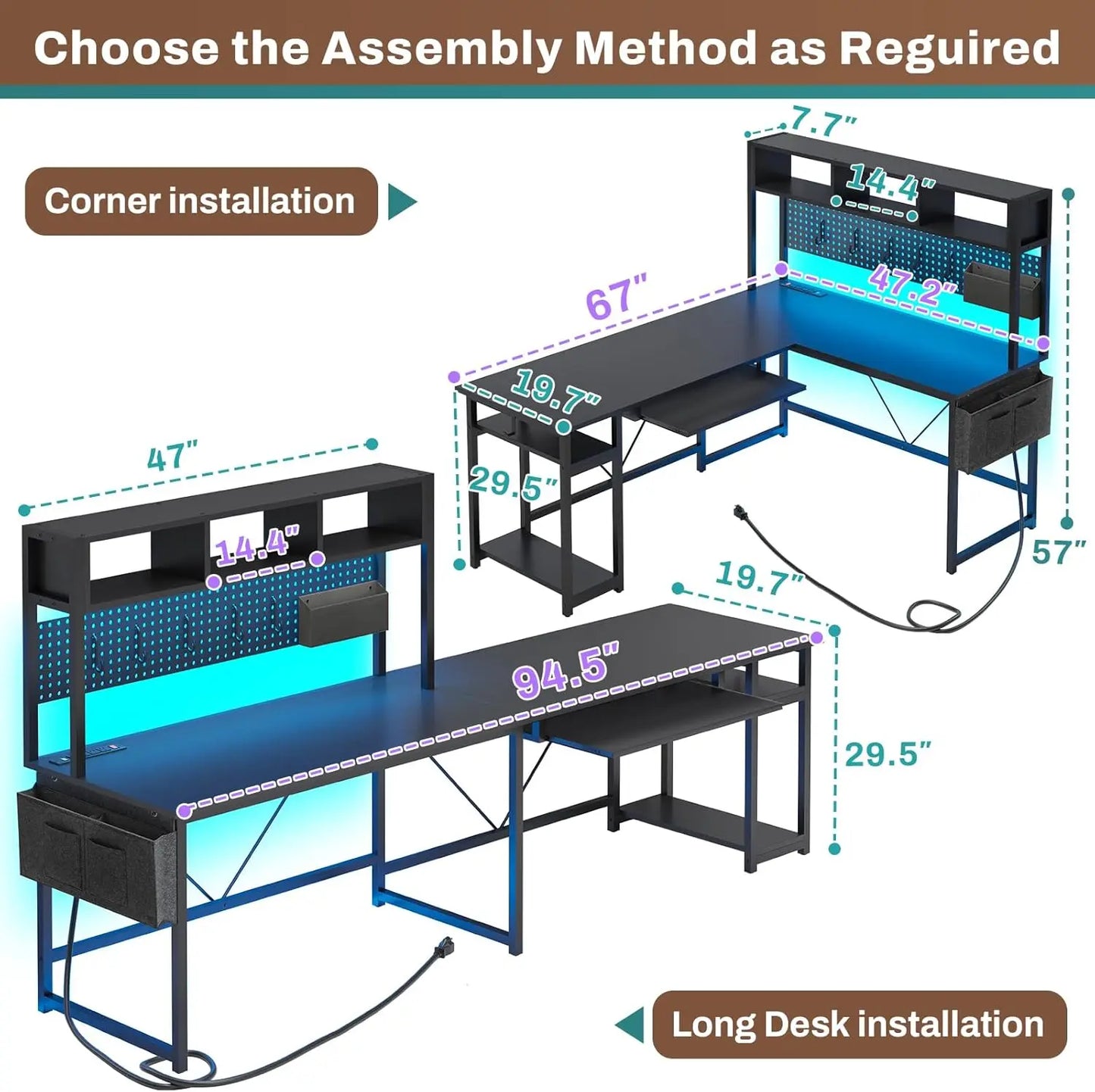 L Shaped Gaming Desk with LED Lights, Power Outlet, Keyboard Tray & Storage for Home Office