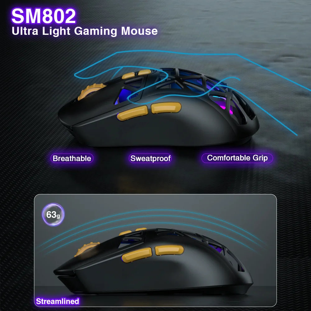 SOLAKAKA SM802 TRI-MODE Wireless Mouse Customized 10000DPI Macro Replaceble Switch RGB Heneycemb Ergonomic Mouse 63g Ultra-light