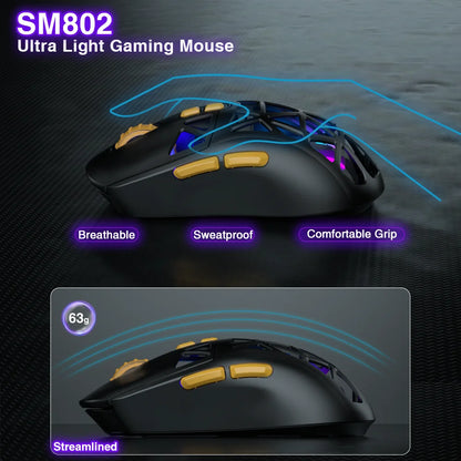 SOLAKAKA SM802 TRI-MODE Wireless Mouse Customized 10000DPI Macro Replaceble Switch RGB Heneycemb Ergonomic Mouse 63g Ultra-light