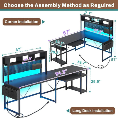 L-Shaped Gaming Desk with LED Lights, Power Outlet, Keyboard Tray & Storage - Reversible Design for Home Office