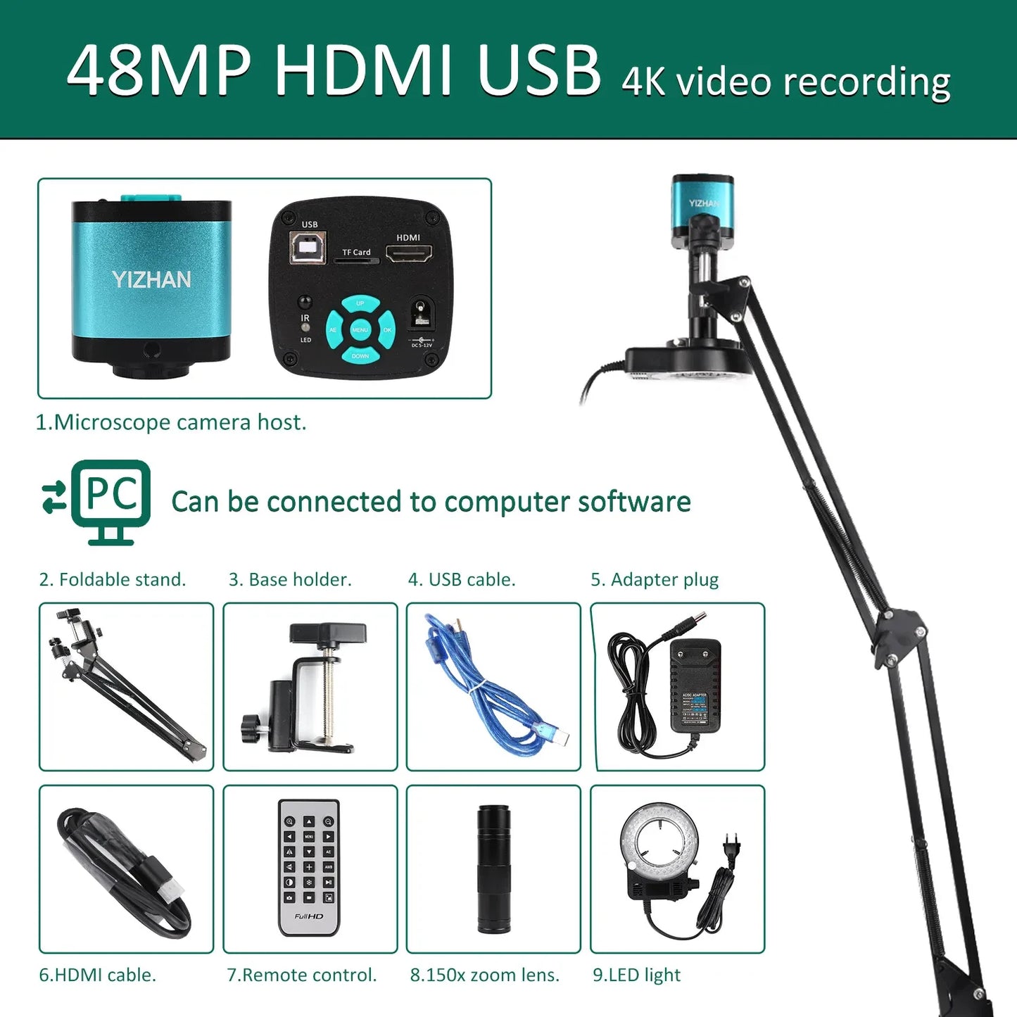 YIZHAN 48MP 4K Electronics Soldering Microscope FULL HD 1080P HDMI Camera USB Software 1-150x Lens Stand Shipping From Europe