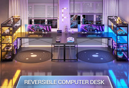 L Shaped Gaming Desk, 63'' Reversible Computer Desk with Power Outlet and Storage Shelves, Corner Gaming Desk with, Customized