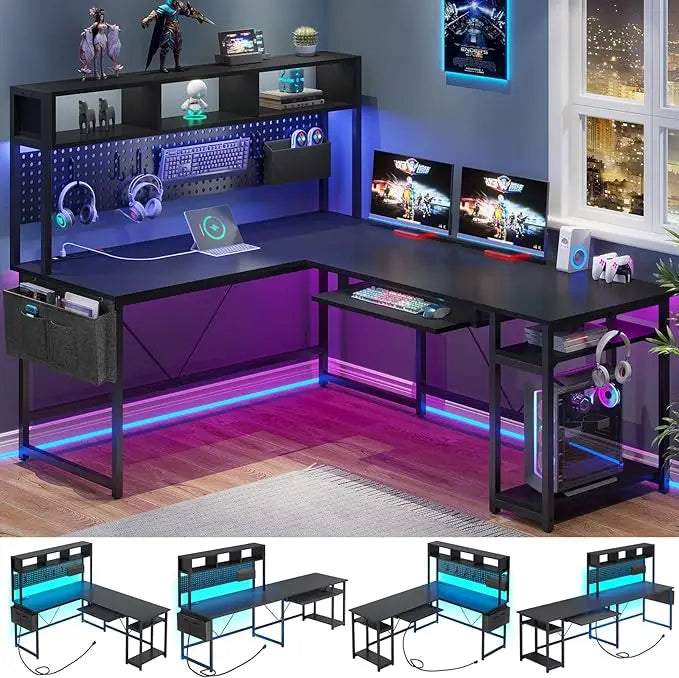 L Shaped Gaming Desk, Reversible Computer Desk with Power Outlet and Pegboard, Gaming Desk with Led Lights, Keyboard Tray and S