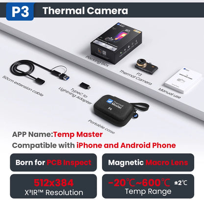 (Android&iPhone) P3 Type-C Thermal Camera for Electronics Repair 512×384 Adjustable Macro Lens 600℃ Usb Thermal Imaging Camera
