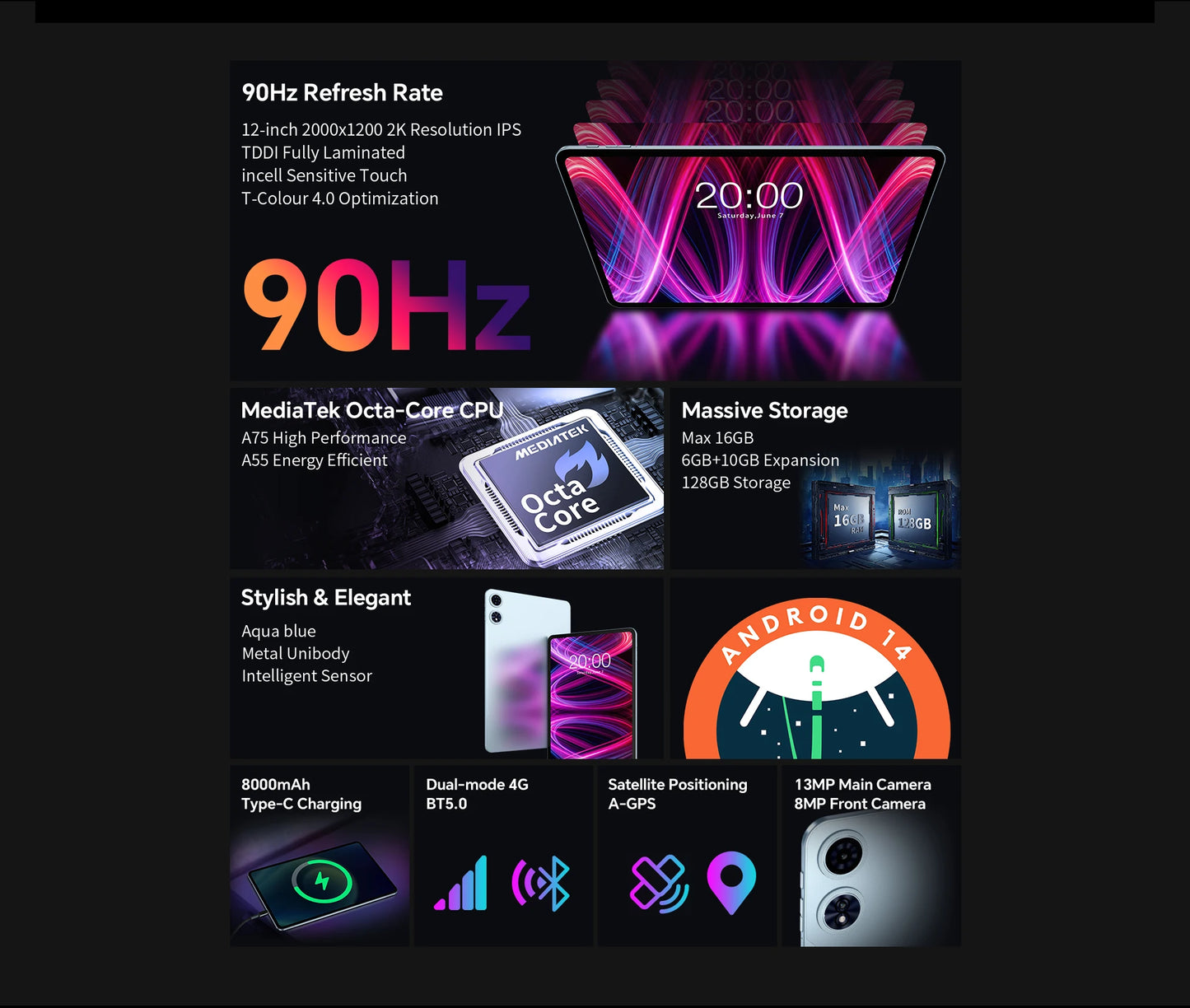 【World Premiere】Teclast T60 Plus 12" 90Hz 2K Display Android 14 L1 MTK Helio G88 6GB/128GB 8000mAh Battery 4G LTE Global Version