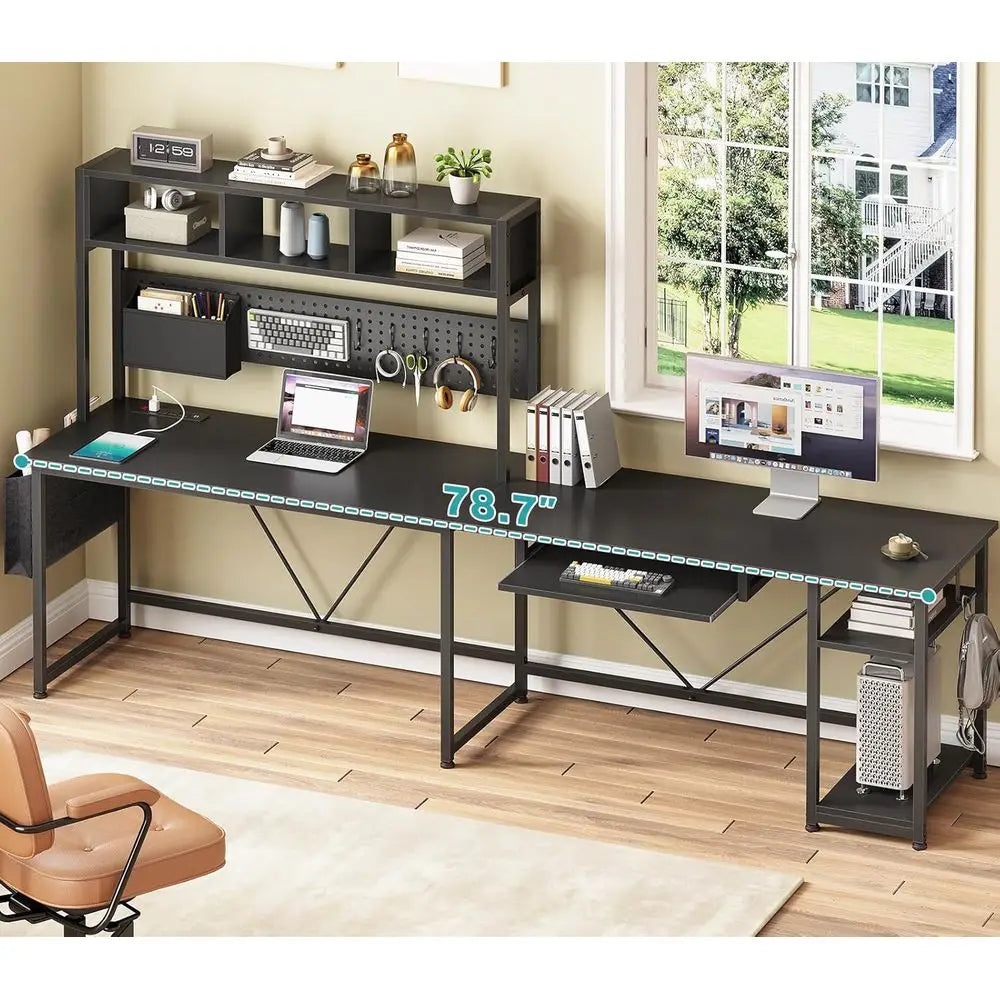 57.5 L-Shaped Gaming Desk with Storage, LED Lights, Power Outlet, and Keyboard Tray in Black