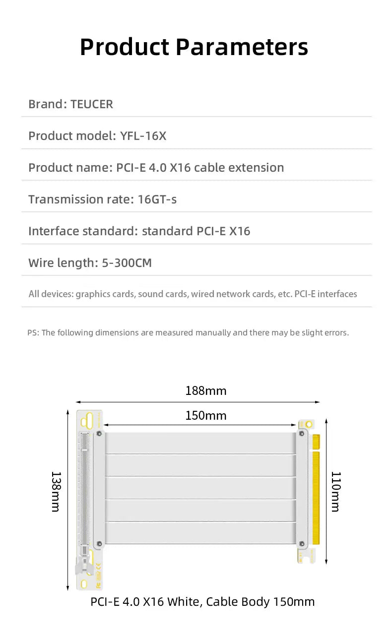 TEUCER PCI-E 4.0 X16 Riser Cable Video Card EMI Shielded High-Speed Flexible Extender PCI Express Gen 4 GPU Extension Cord