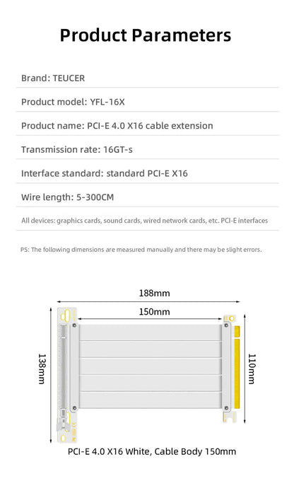 TEUCER PCI-E 4.0 X16 Riser Cable Video Card EMI Shielded High-Speed Flexible Extender PCI Express Gen 4 GPU Extension Cord