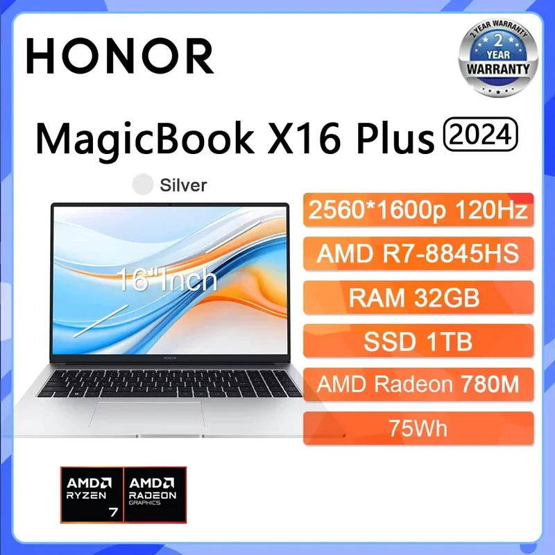 New HONOR Laptop MagicBook X16 Plus 16"Inch 2.5K 120Hz AMD Ryzen R7 8845HS 16/32GB 512GB/1TB Computer PC Notebook Ultrabook