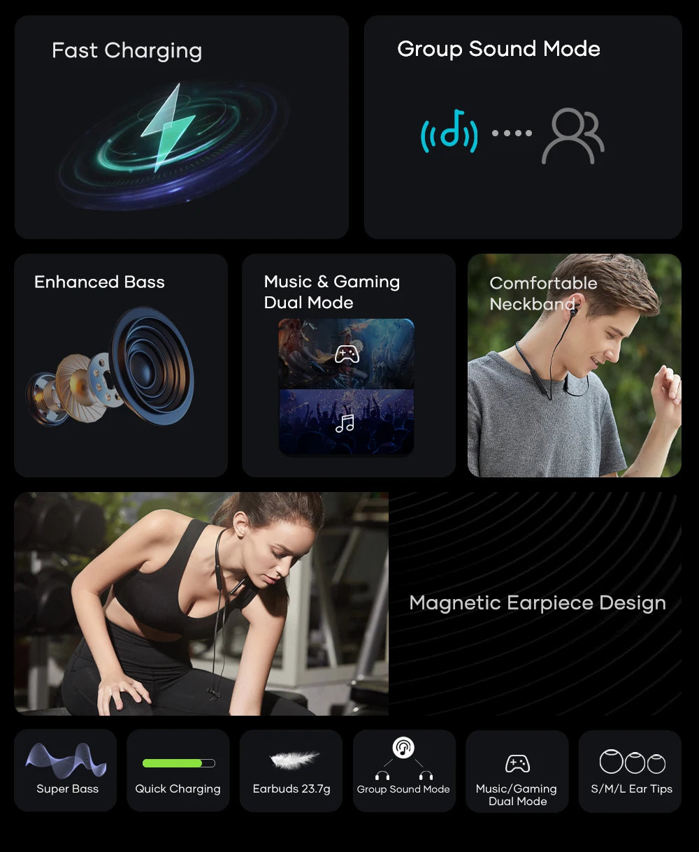 Wavefun Flex Pro Ultimate Quick Charging Bluetooth Earphone V5.3 Wireless Headphones Neckband Stereo Earbuds TWS Mode with Mic