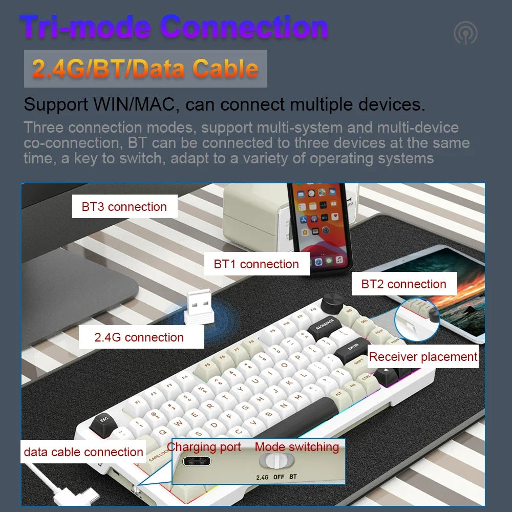 E-YOOSO Z82 RGB USB Mechanical Gaming Keyboard Support Bluetooth wireless 2.4G Wired 3 mode Gamer 82 Keys for Computer PC Laptop