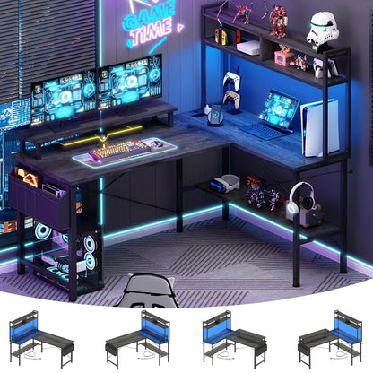 L Shaped Gaming Desk with Power Outlets & LED Lights, Small L- Shaped Desk Computer Corner Desk with Monitor Stand, Customized