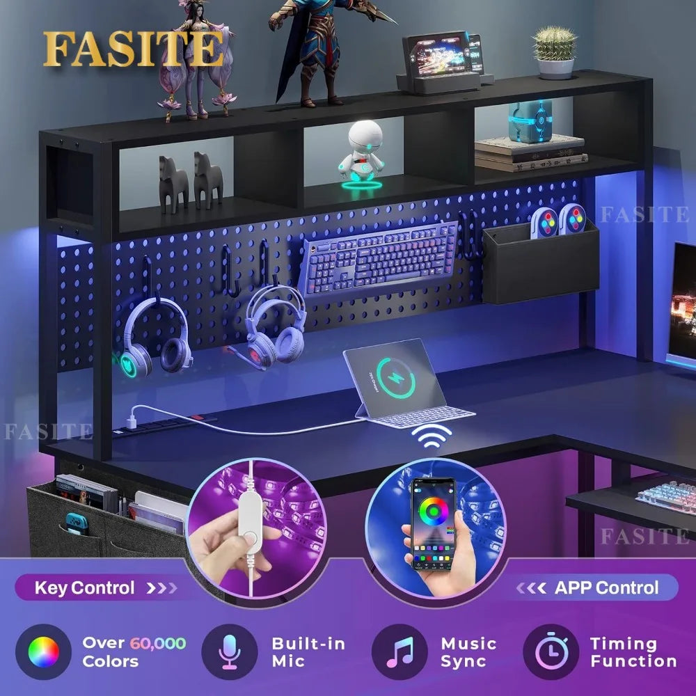 L Shaped Gaming Desk, Reversible Computer Desk with Power Outlet and Pegboard, Gaming Desk with Led Lights, Keyboard Tray