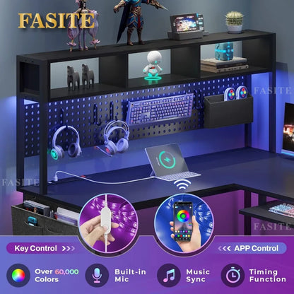 L Shaped Gaming Desk, Reversible Computer Desk with Power Outlet and Pegboard, Gaming Desk with Led Lights, Keyboard Tray