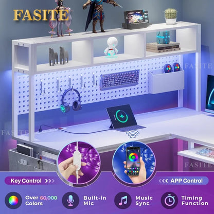L Shaped Gaming Desk, Reversible Computer Desk with Power Outlet and Pegboard, Gaming Desk with Led Lights, Keyboard Tray