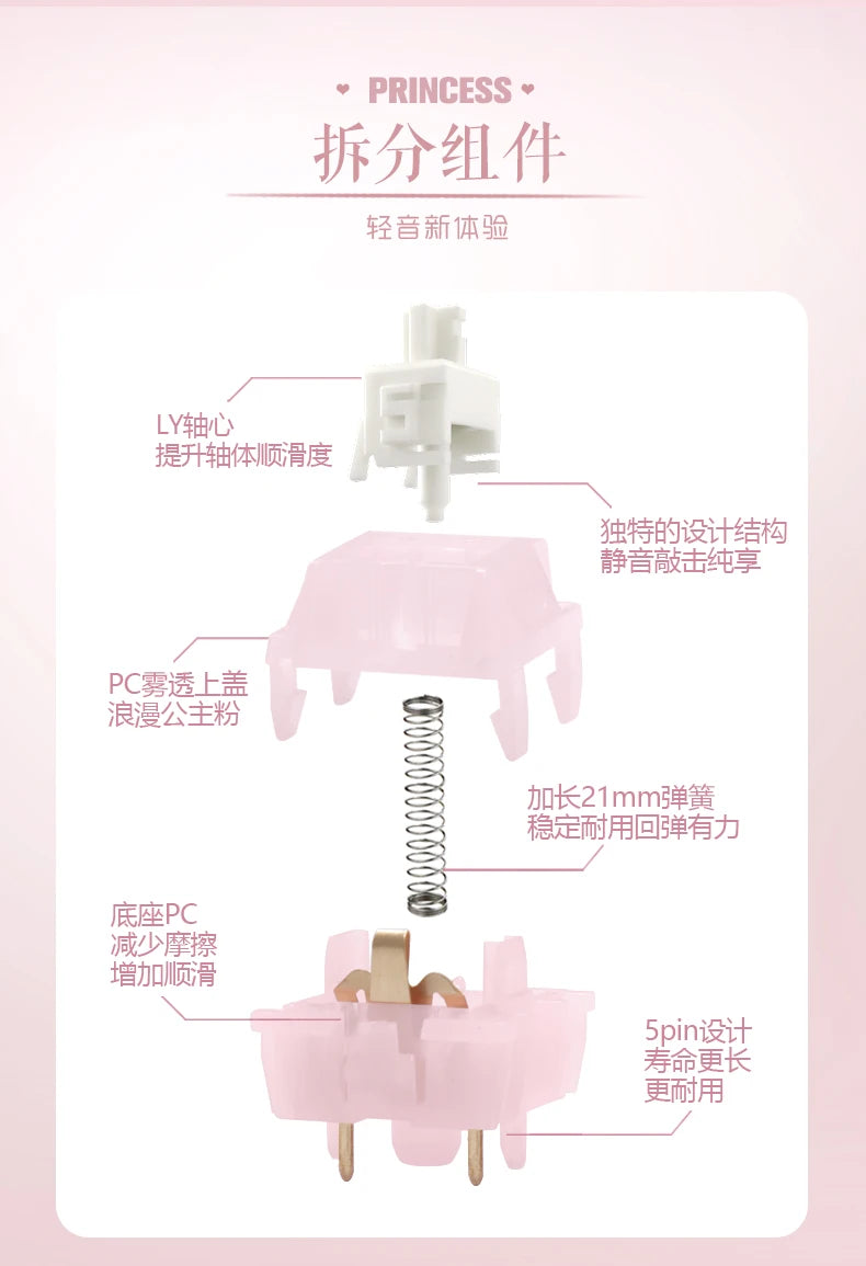 MMD Princess Silent Pink Switch 5 Pin Linear 32g Switches 21mm Spring Lubricated LY PC Mechanical Keyboard Switch Type Fast Mute