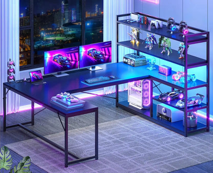 L Shaped Gaming Desk, 63'' Reversible Computer Desk with Power Outlet and Storage Shelves, Corner Gaming Desk with, Customized